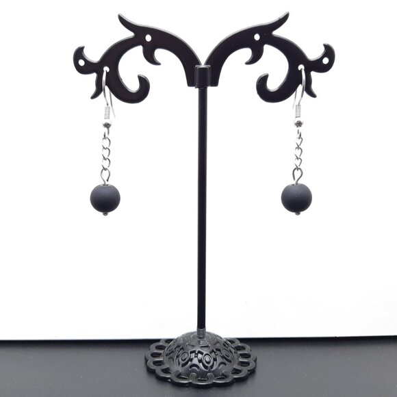 Matte Black Minimalist Dangle Drop Goth Beaded Chain Earrings Handmade Jewelry - Picture 4 of 7
